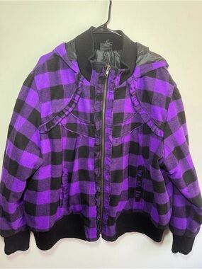 EUC Torrid Purple Black Plaid Wool Bomber Jacket Size 3 22/24